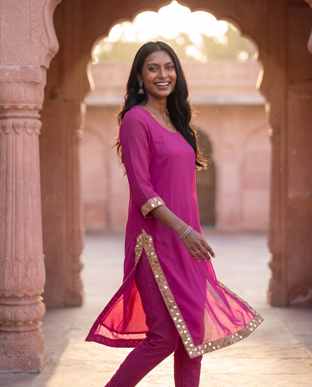 Magenta Mirror Border Kurta