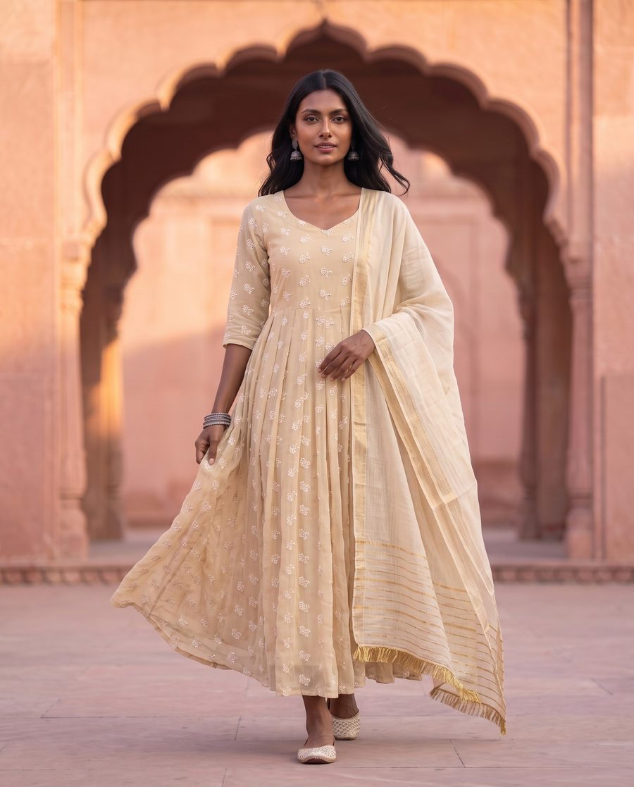 Beige Anarkali Set With White Floral Embroidery