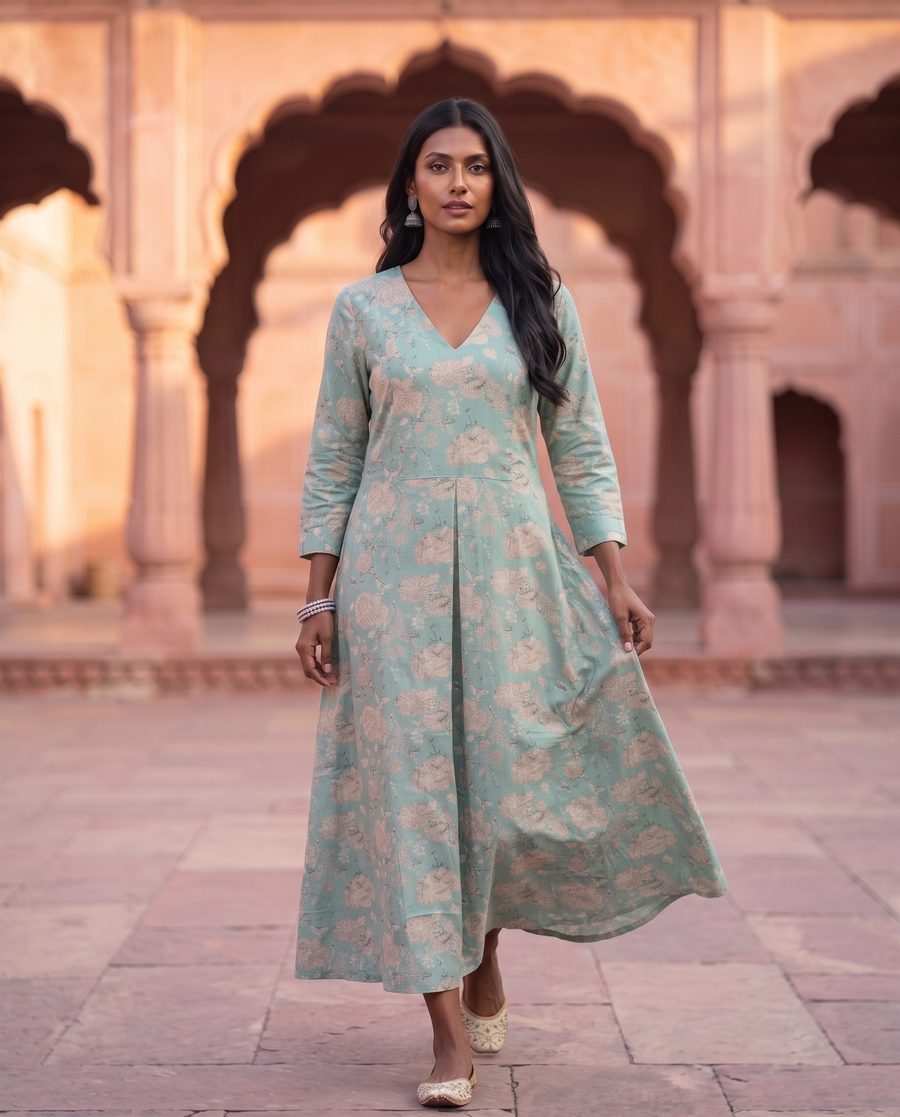 Aqua Floral Print A-line Flared Midi Dress