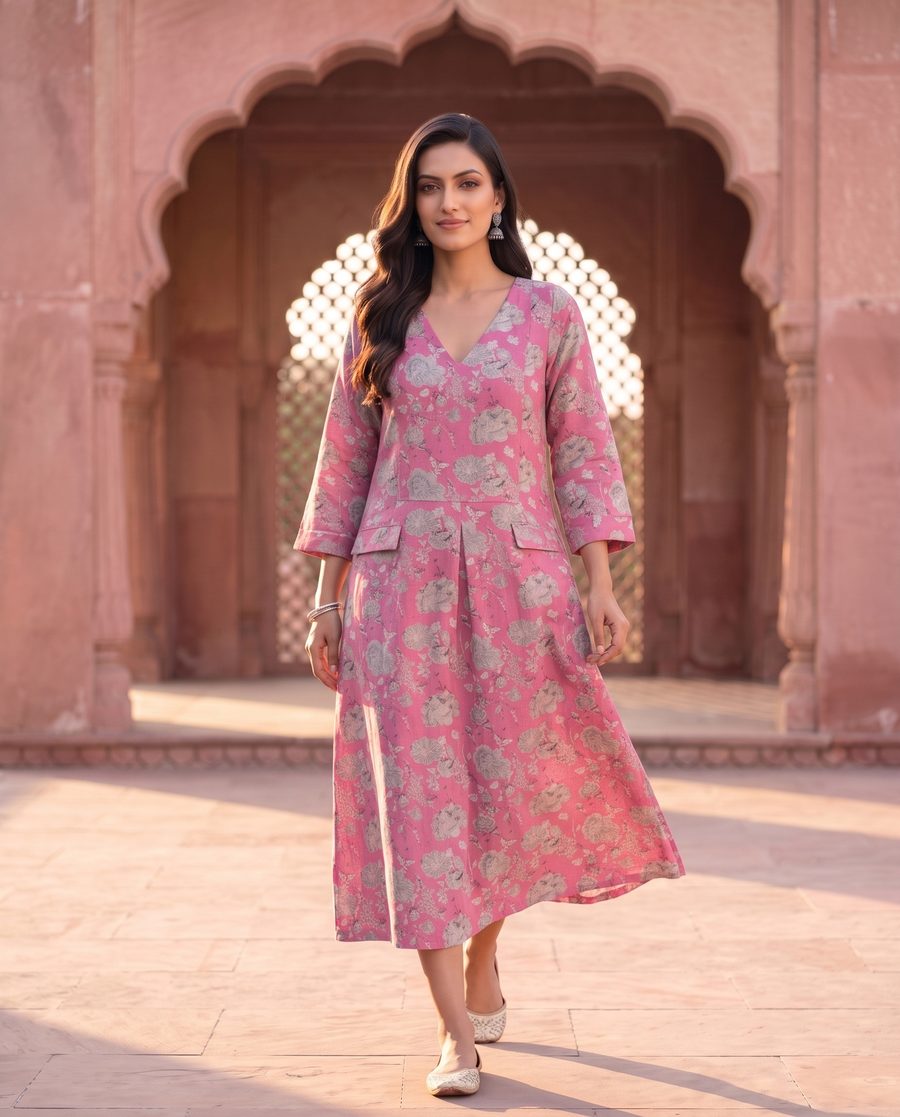 Pink Floral Printed Midi Dress With Wrap Neckline