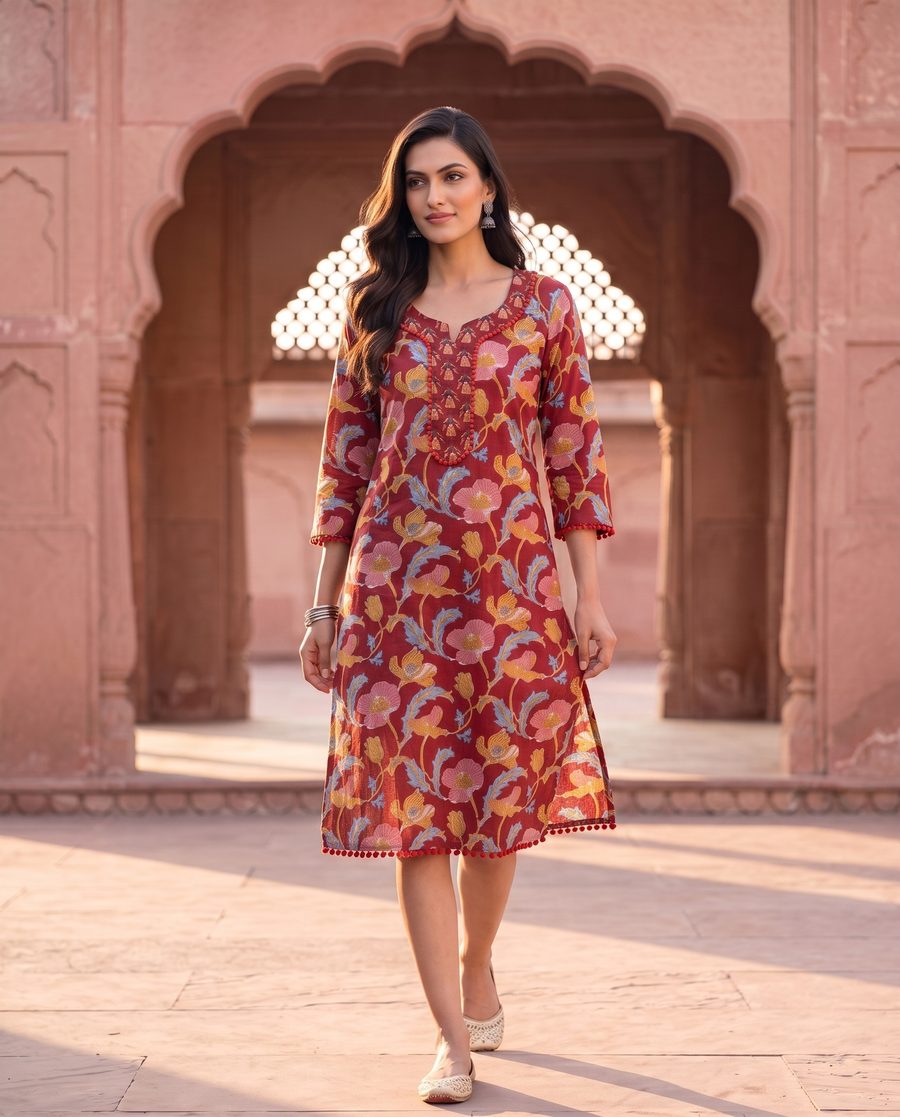 Bhagat Maroon Floral Print Straight Kurta