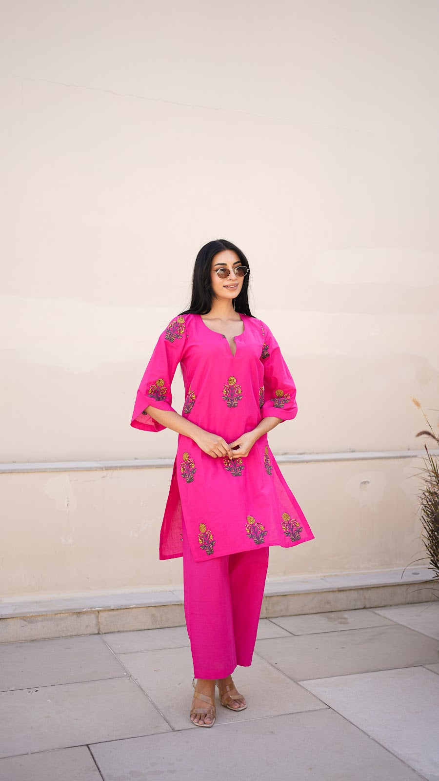Fuchsia Flared Sleeve Flower Boota Cotton Co-ord Set