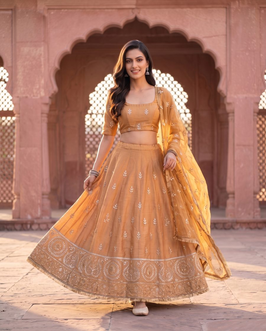 Devki Golden Embroidered Lehenga Set With Dupatta