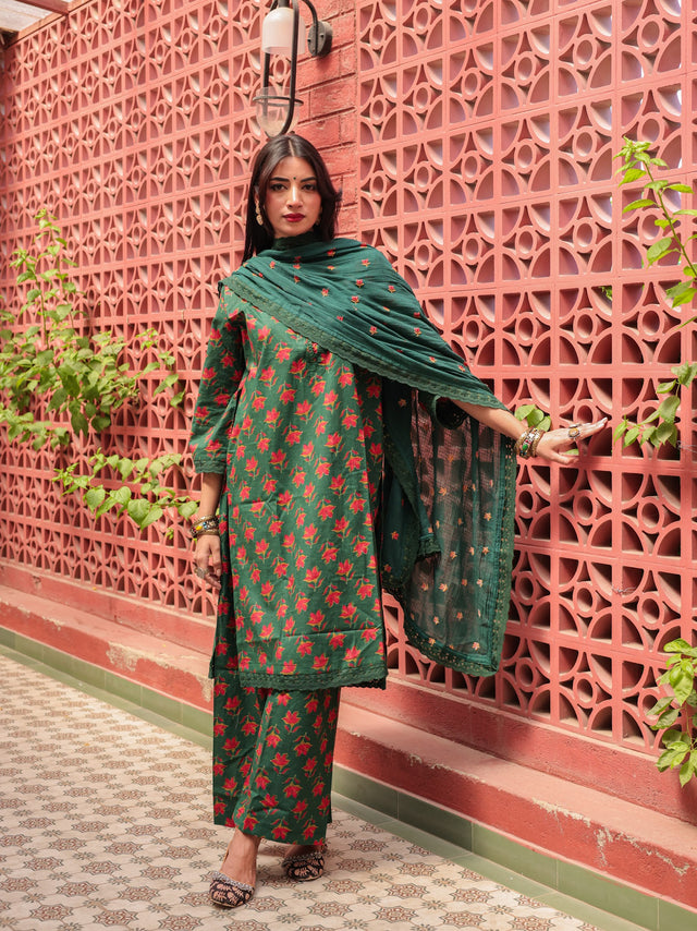 Naira Bottle Green pure cotton kurta suit set — Gulabojaipur