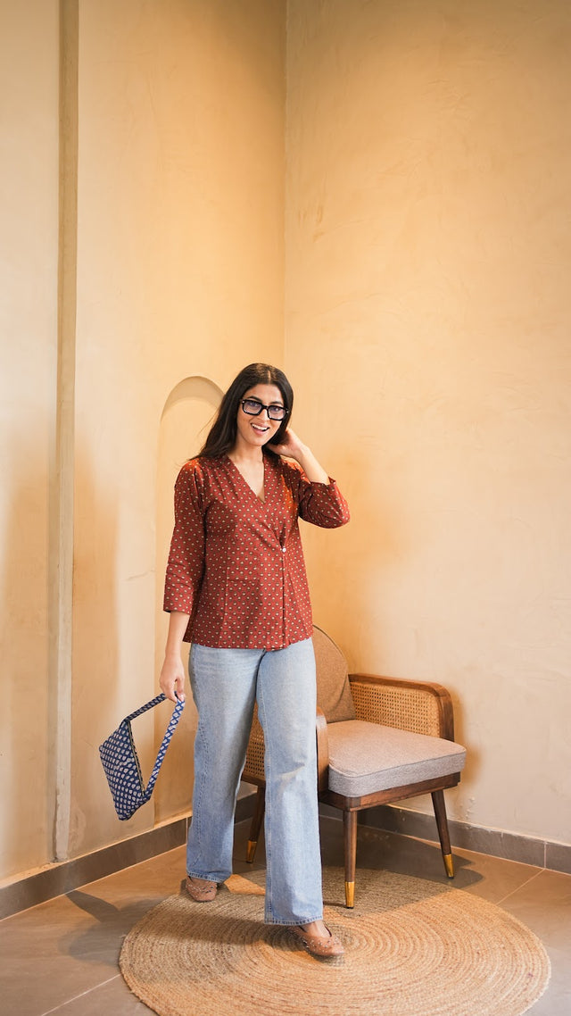Rust Ditsy Floral Print Wrap-Front Cotton Shirt