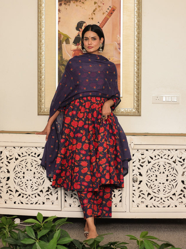 Suhana Red Pure Cotton Anarkali Suit Set