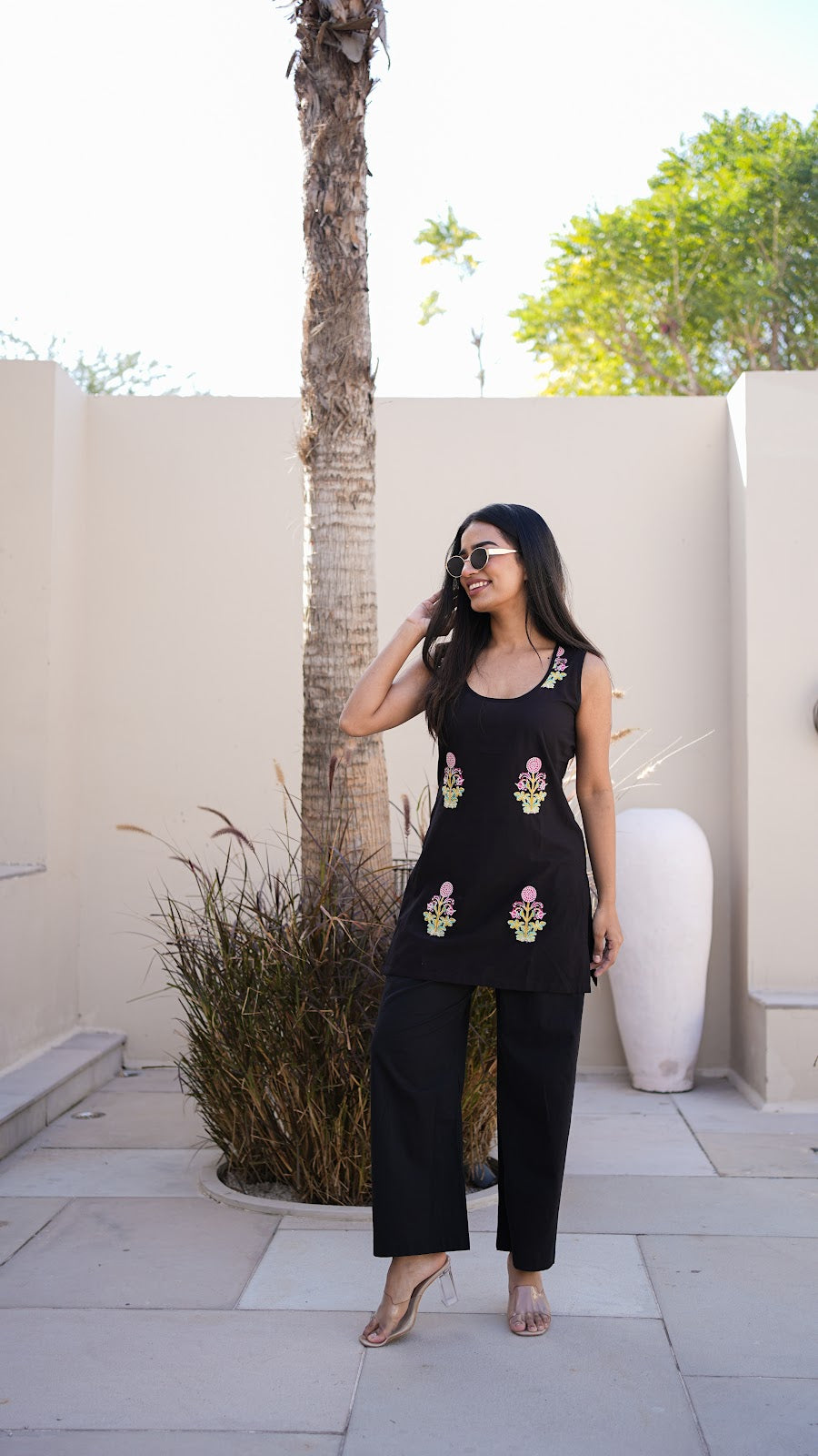 Black Sleeveless Flower Boota Cotton Co-ord Set