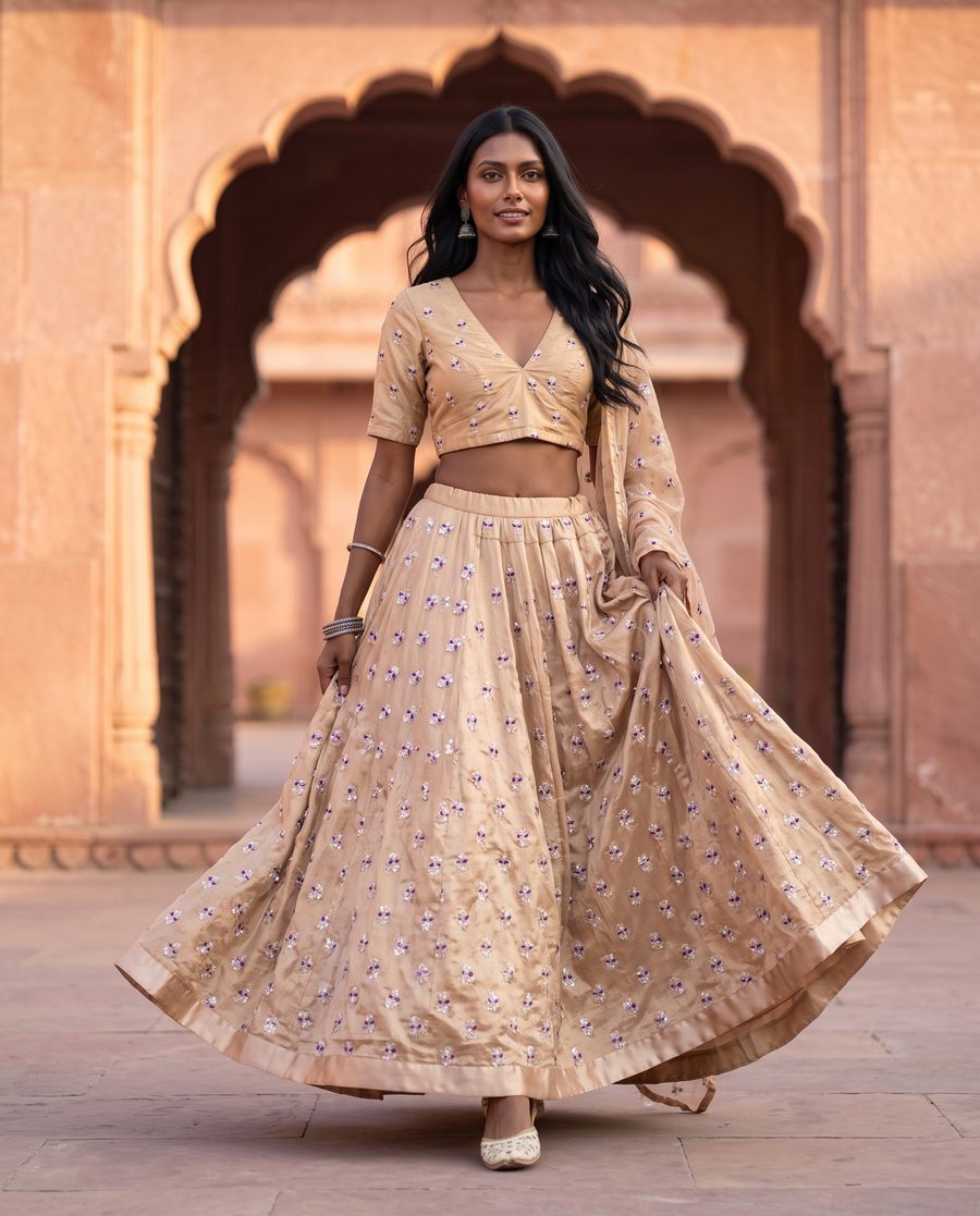 Beige Sequin Floral Embroidered Lehenga Set