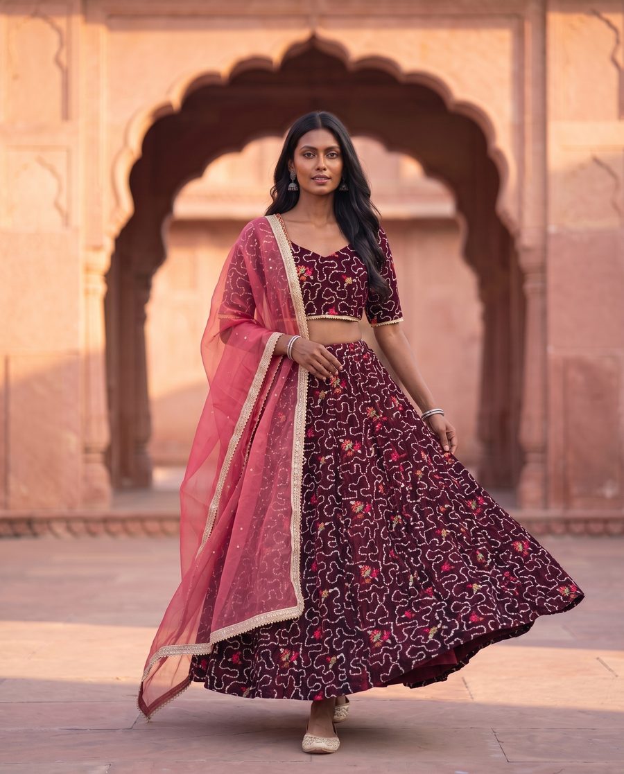 Saloni Maroon Bandhani Embroidered Lehenga Set