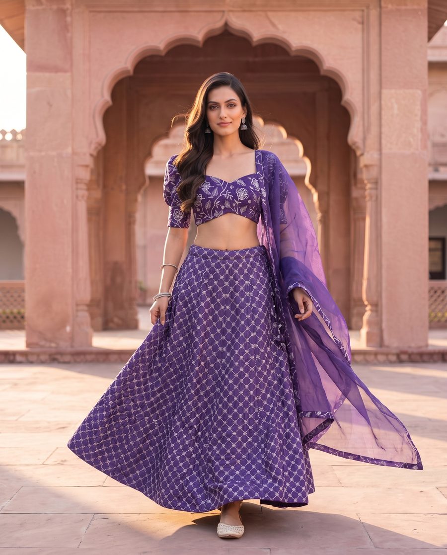 Purple Silver Embroidered Bridal Lehenga Set