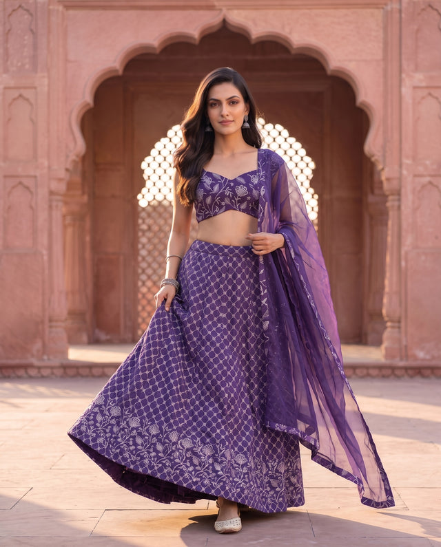 Purple Silver Embroidered Bridal Lehenga Set