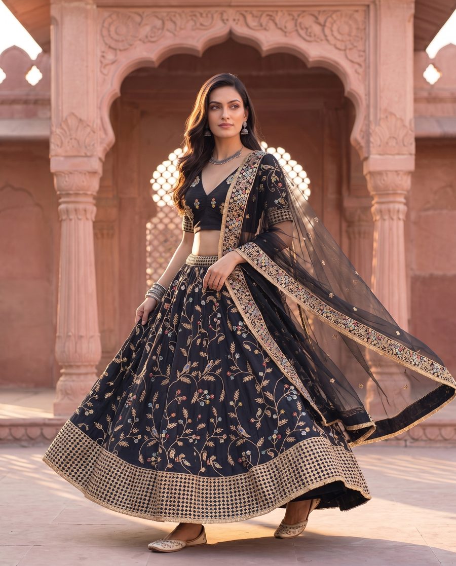 Black Peacock Jaal Embroidered Lehenga Set
