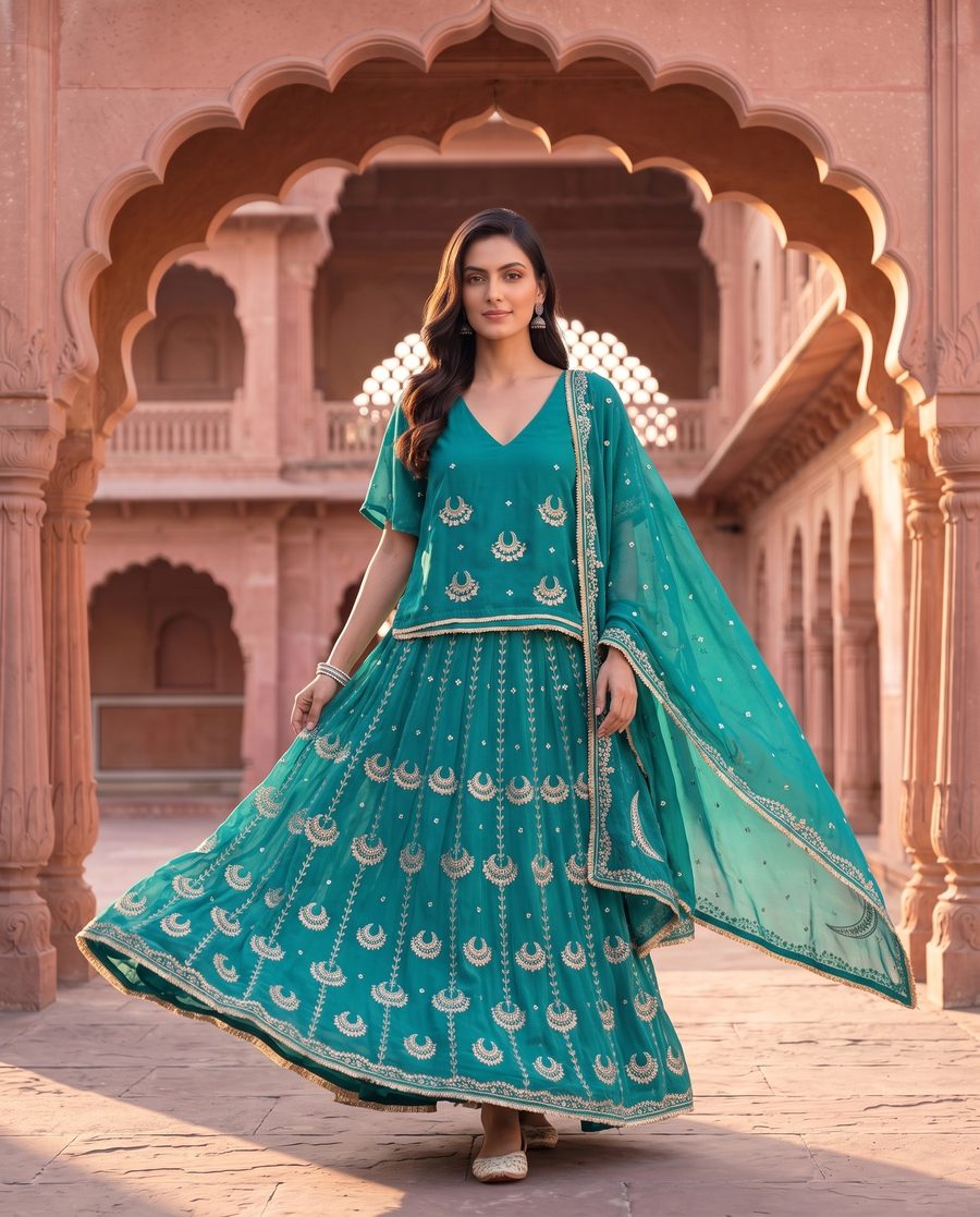 Saloni Teal Green Embroidered Lehenga Set