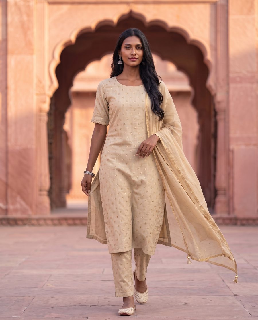 Beige Sequin Embroidered Straight Kurta Set