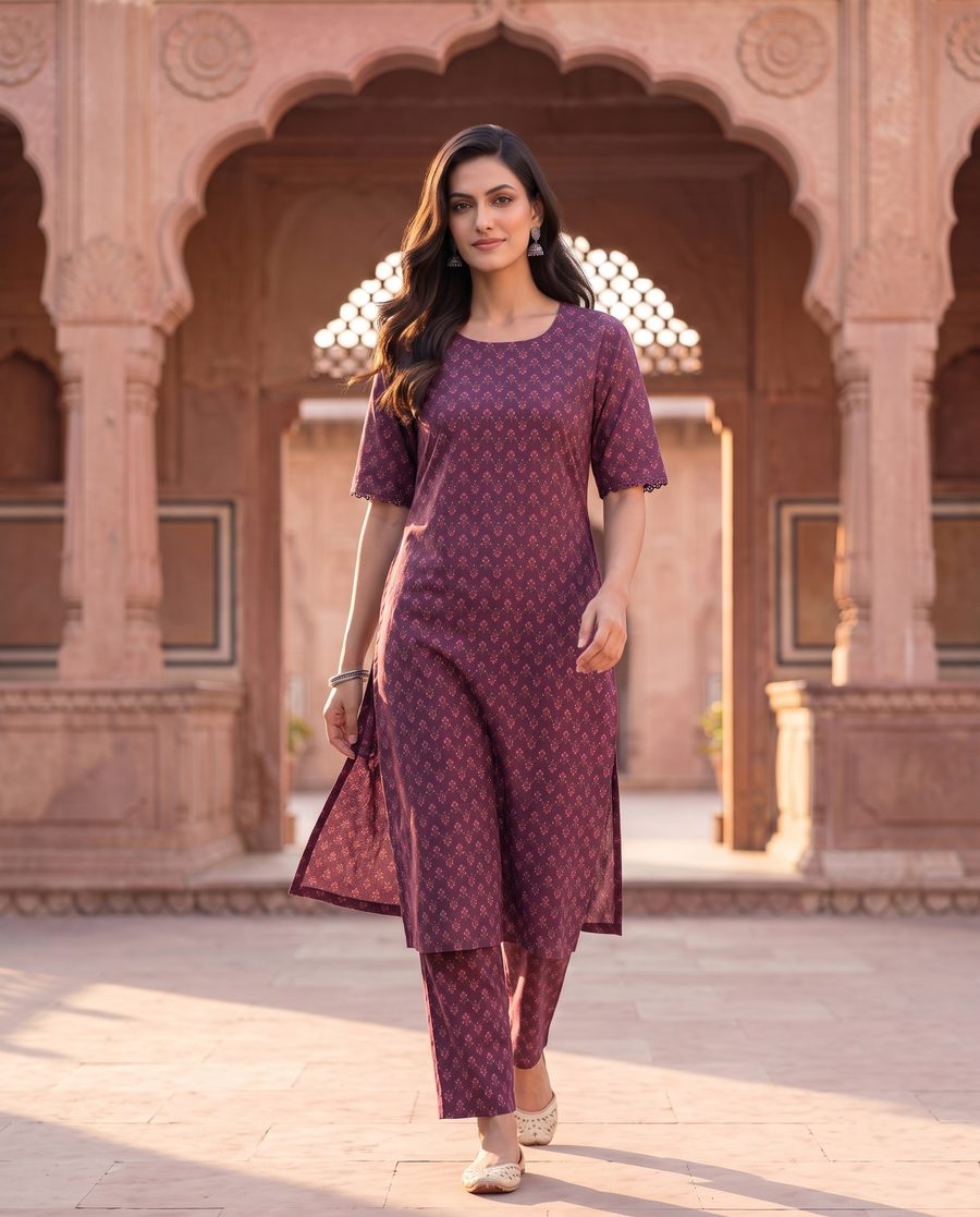 Purple Booti Print Straight Kurta Pant Set