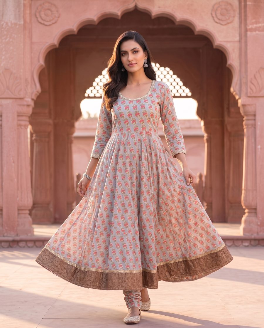 Grey Floral Hand-Block Print Kurta Palazzo Set