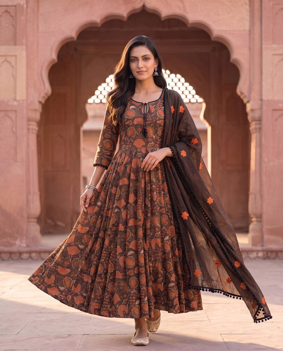 Brown Anarkali Set With Rust Floral Print
