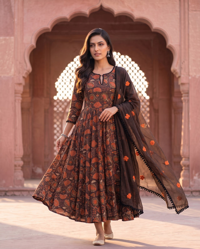 Brown Anarkali Set With Rust Floral Print