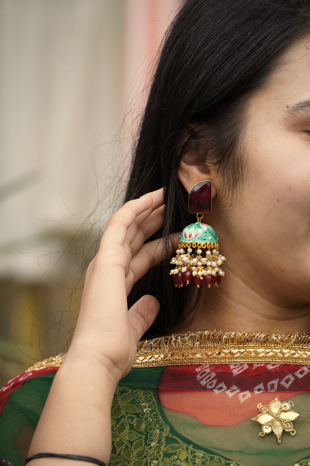 Maroon Green Jhumki Earring