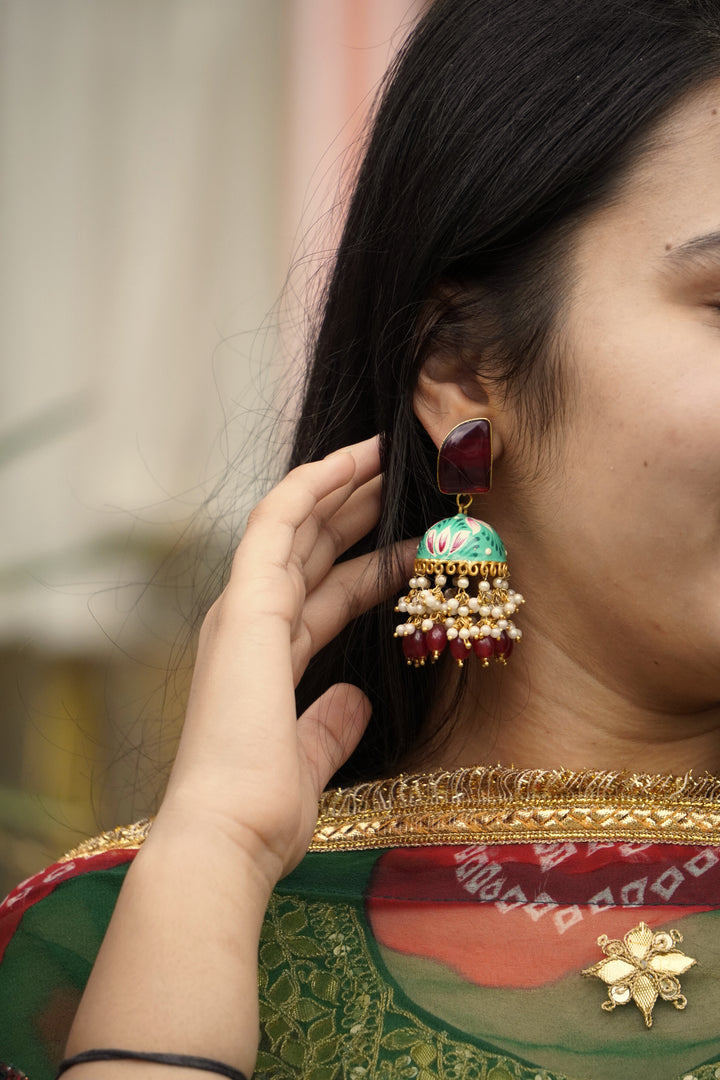 Maroon Green Jhumki Earring