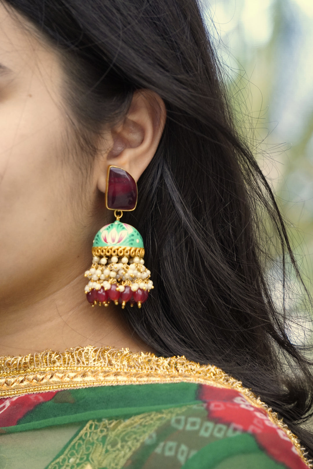Maroon Green Jhumki Earring