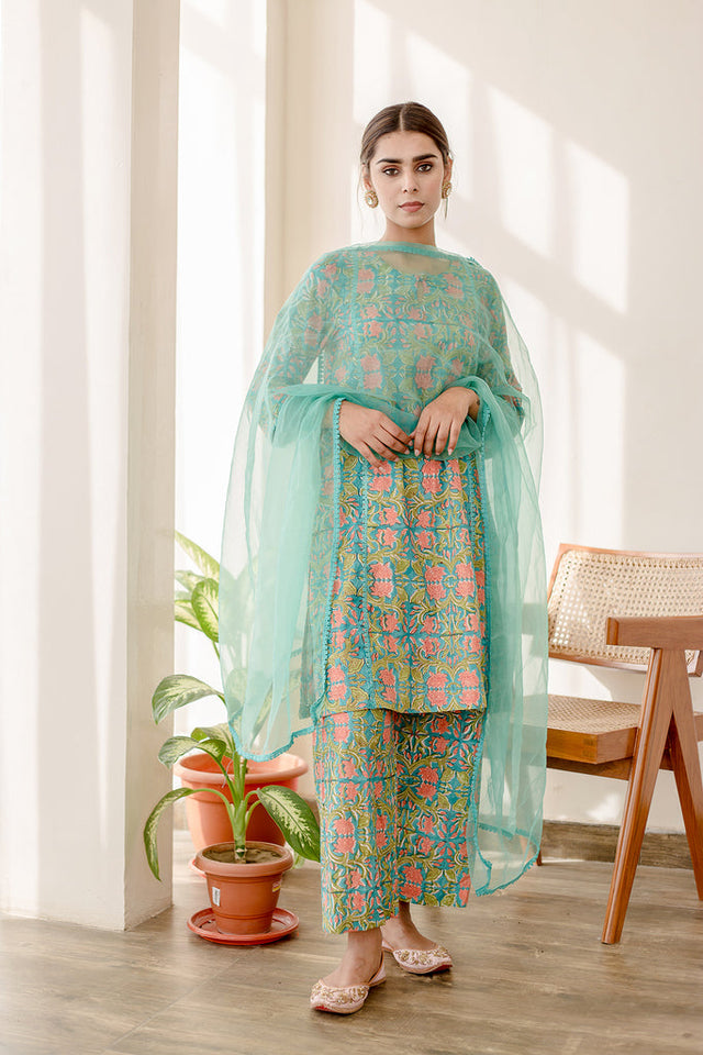 Block Print Basil Straight Kurta Green Set With Organza Dupatta