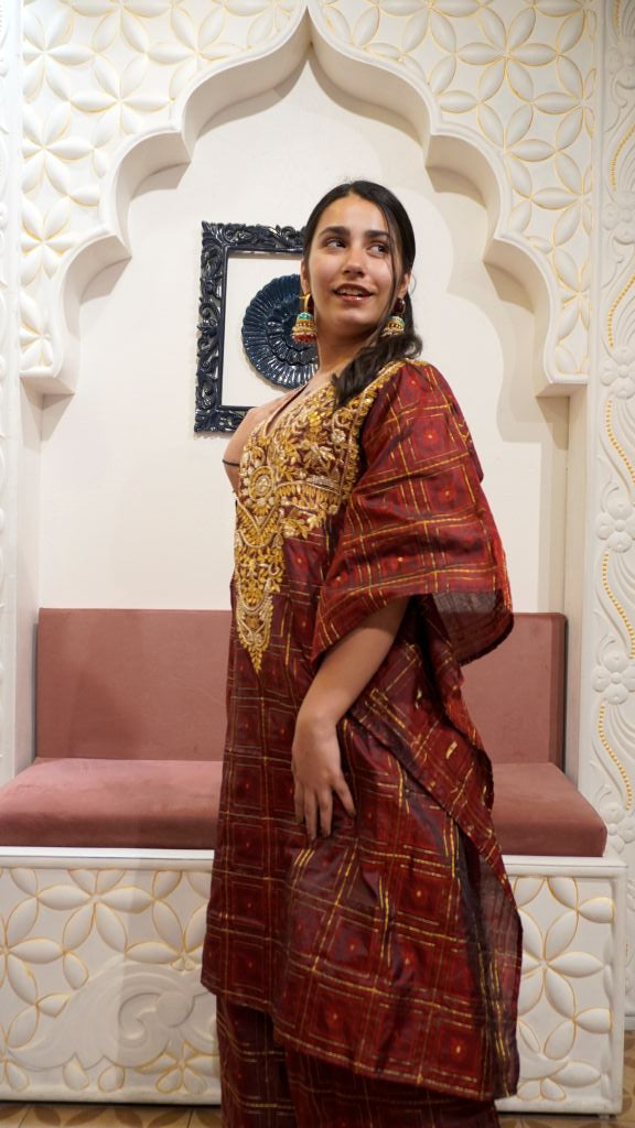 Maroon Neckline Kaftan Co-Ord Set