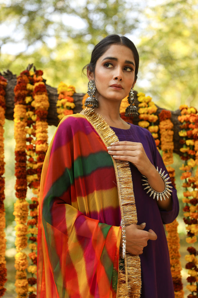Hema Purple Silk Straight Set With Leheriya Dupatta