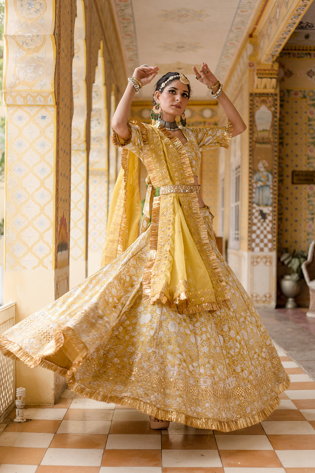 Gota Patti Shehzadi Yellow Cotton Block Print Lehenga Set With Organza Dupatta
