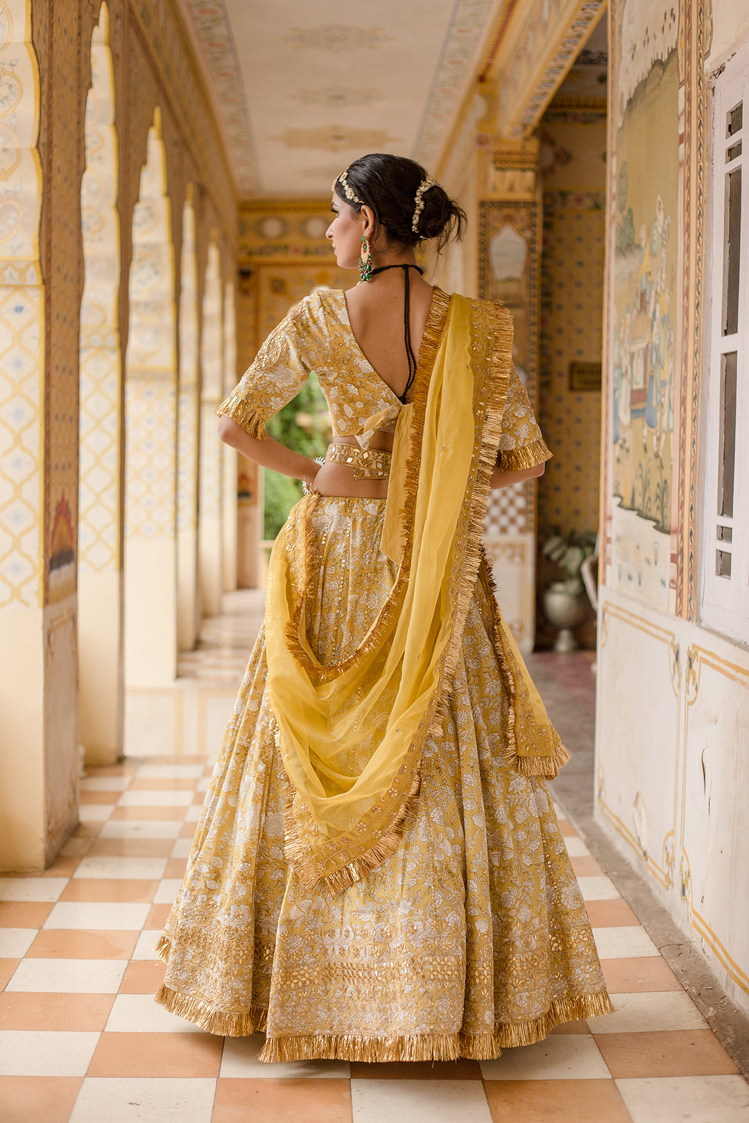 Gota Patti Shehzadi Yellow Cotton Block Print Lehenga Set With Organza Dupatta