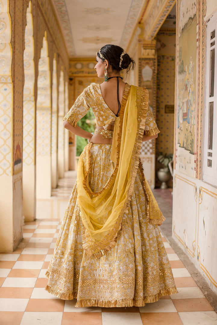 Gota Patti Shehzadi Yellow Cotton Block Print Lehenga Set With Organza Dupatta