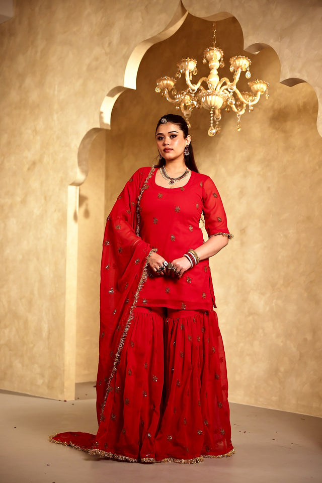 Saqi Red Georgette Embroidered Sharara Set With Dupatta - Deedar-e-Mehfil collection by Gulabo Jaipur