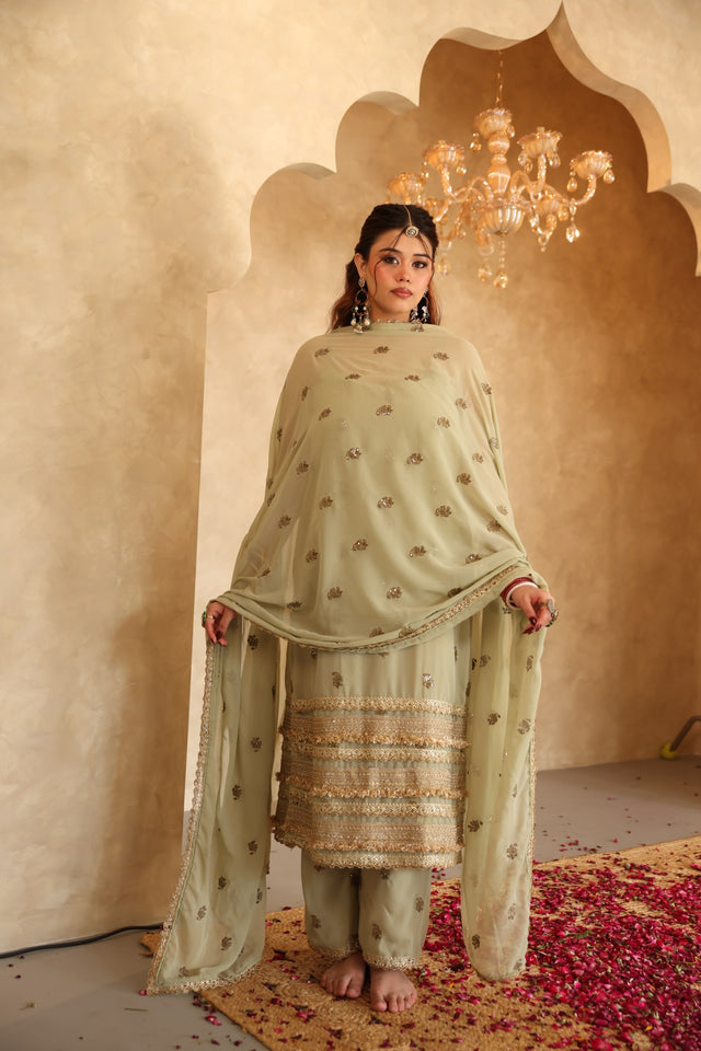 Hunar Olive Gota Lace Georgette Straight Kurta Set With Dupatta - Deedar-e-Mehfil collection by Gulabo Jaipur