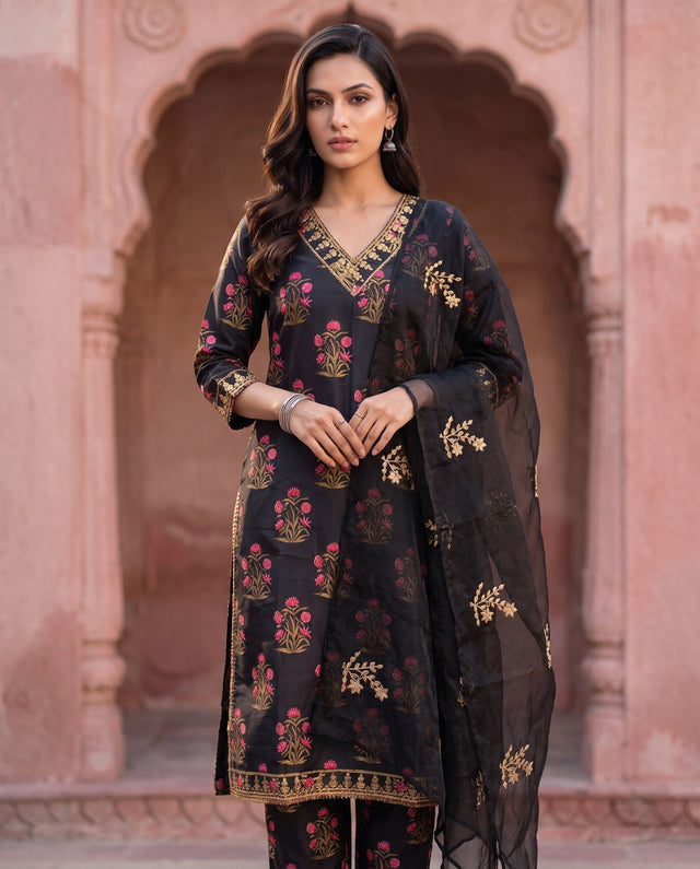 Black Mughal Floral Straight Set