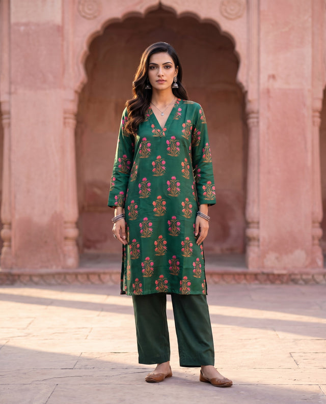 Bottle Green Floral Printed Co-ord Set