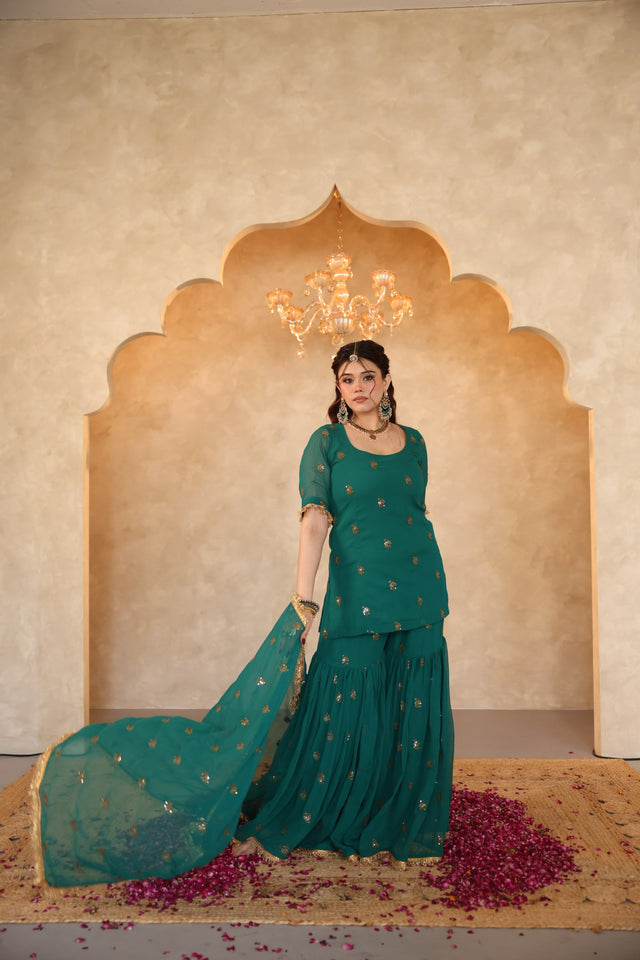 Saqi Emerald Green Georgette Embroidered Sharara Set With Dupatta - Deedar-e-Mehfil collection by Gulabo Jaipur