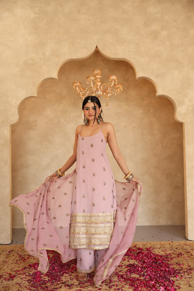 Hunar Pink Gota Lace Georgette Straight Kurta Set With Dupatta - Deedar-e-Mehfil collection by Gulabo Jaipur