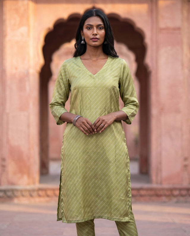 Olive Leheriya Silk Kurta