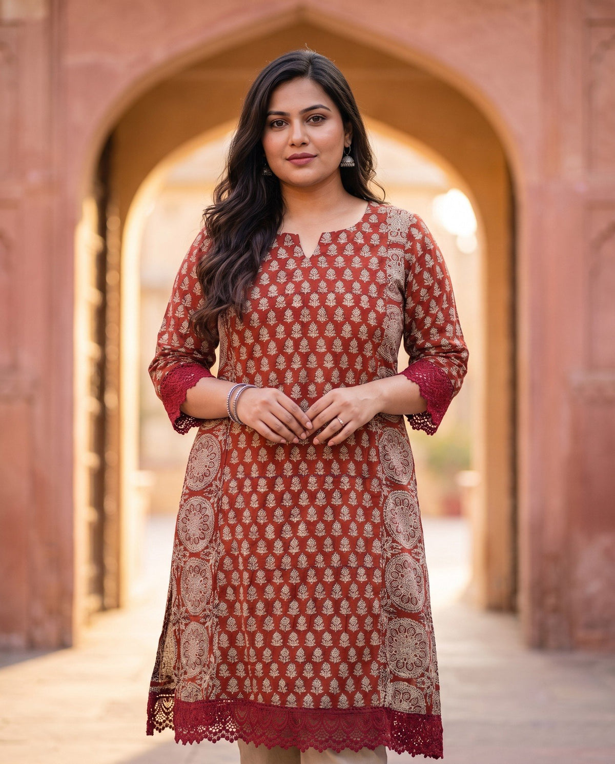 Rust Ajrakh Lace Kurta