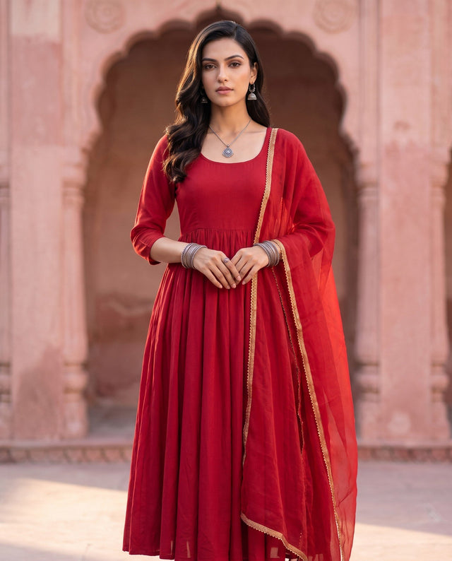 Solid Red Anarkali Set