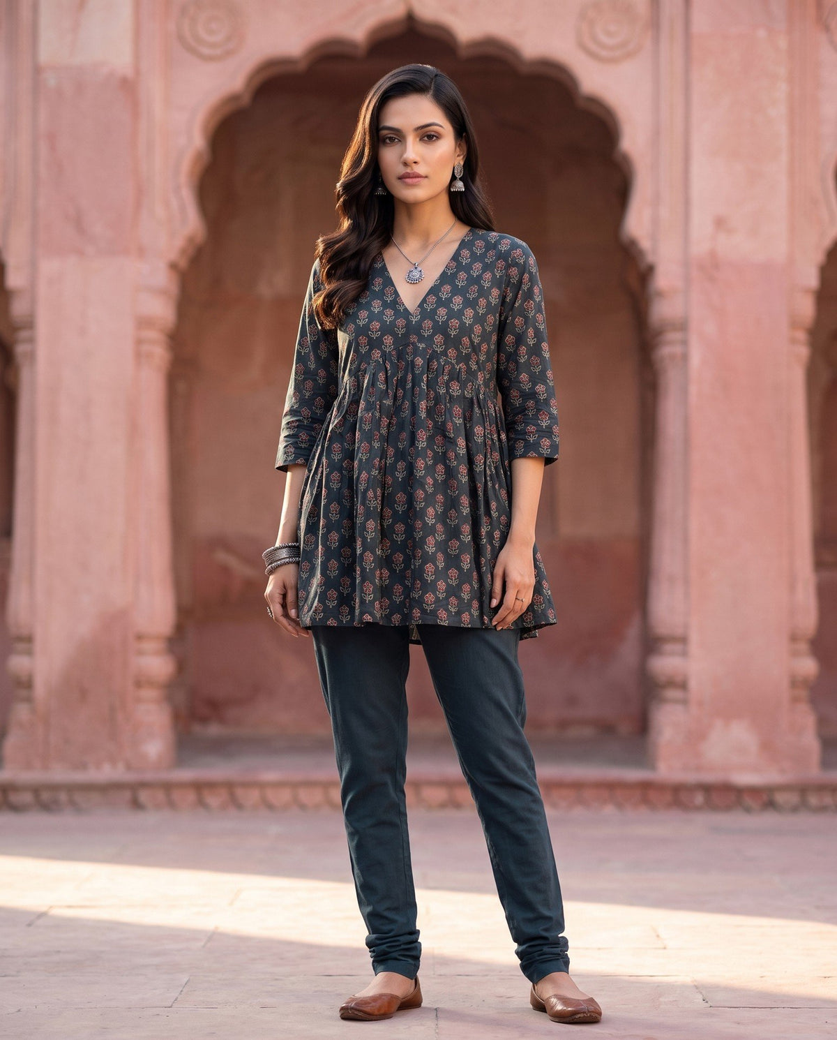 Teal Ajrakh Peplum Kurta