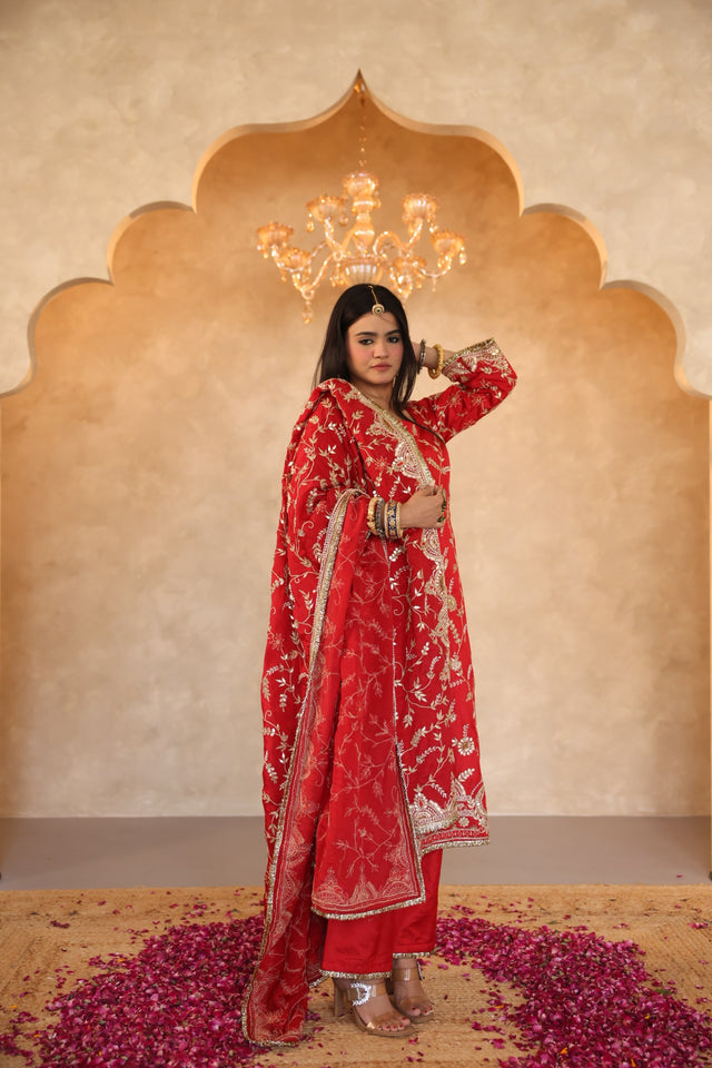 Raazi Red Silk Gota Patti Handwork Straight Kurta Set With Silk Dupatta - Deedar-e-Mehfil collection by Gulabo Jaipur