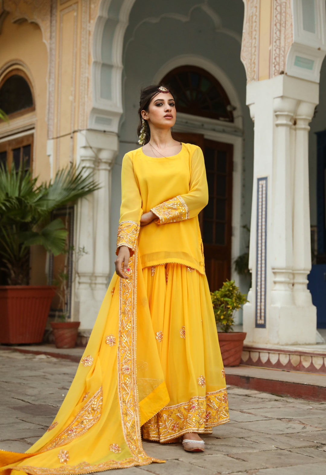 GOTTA AND TAARI WORK AFROZ YELLOW GEORGETTE SHARARA SET