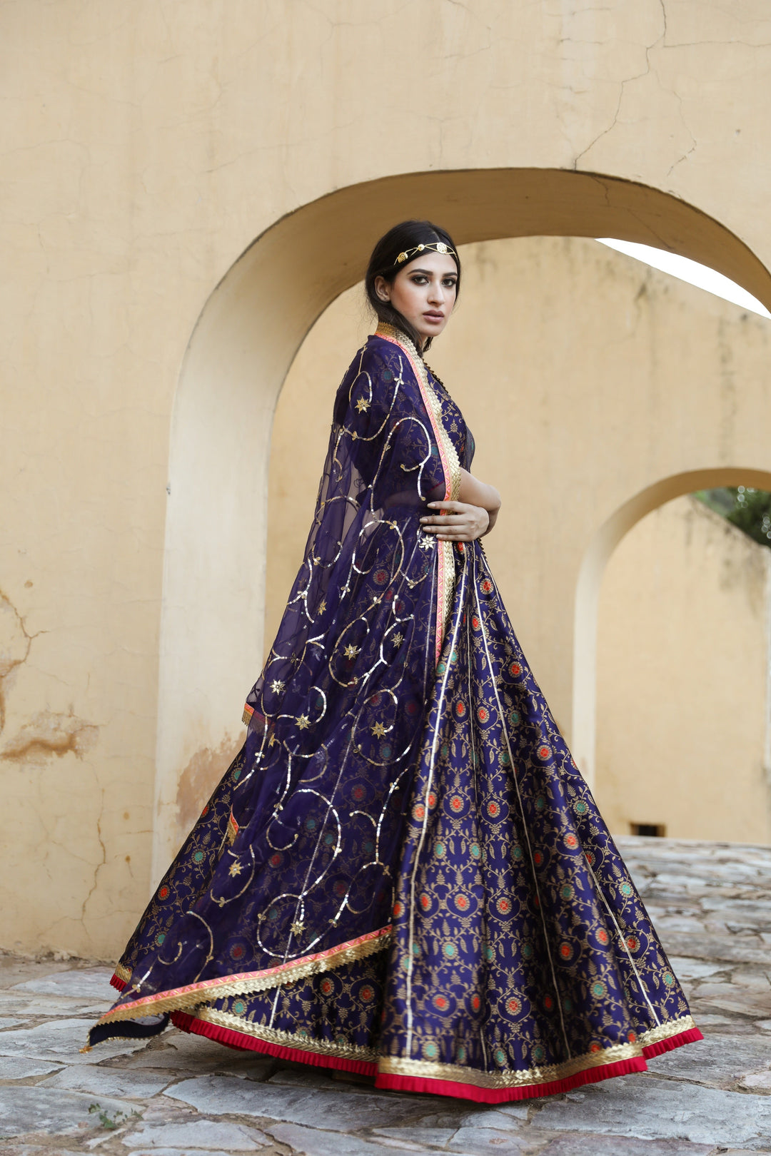 FLORAL BROCADE AISHA BLUE LEHENGA SET WITH ORGANZA DUPATTA