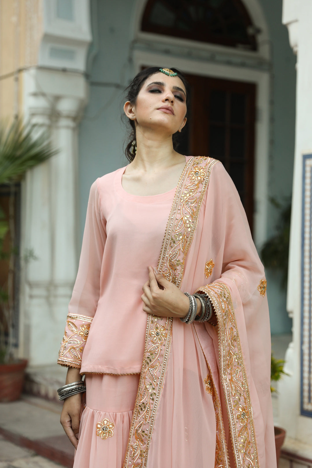 GOTTA AND TAARI WORK AFROZ PEACH GEORGETTE SHARARA SET