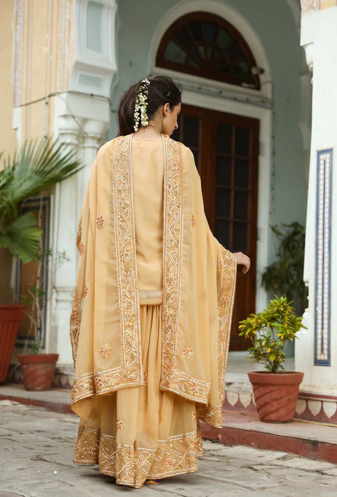 GOTTA AND TAARI WORK AFROZ BEIGE GEORGETTE SHARARA SET