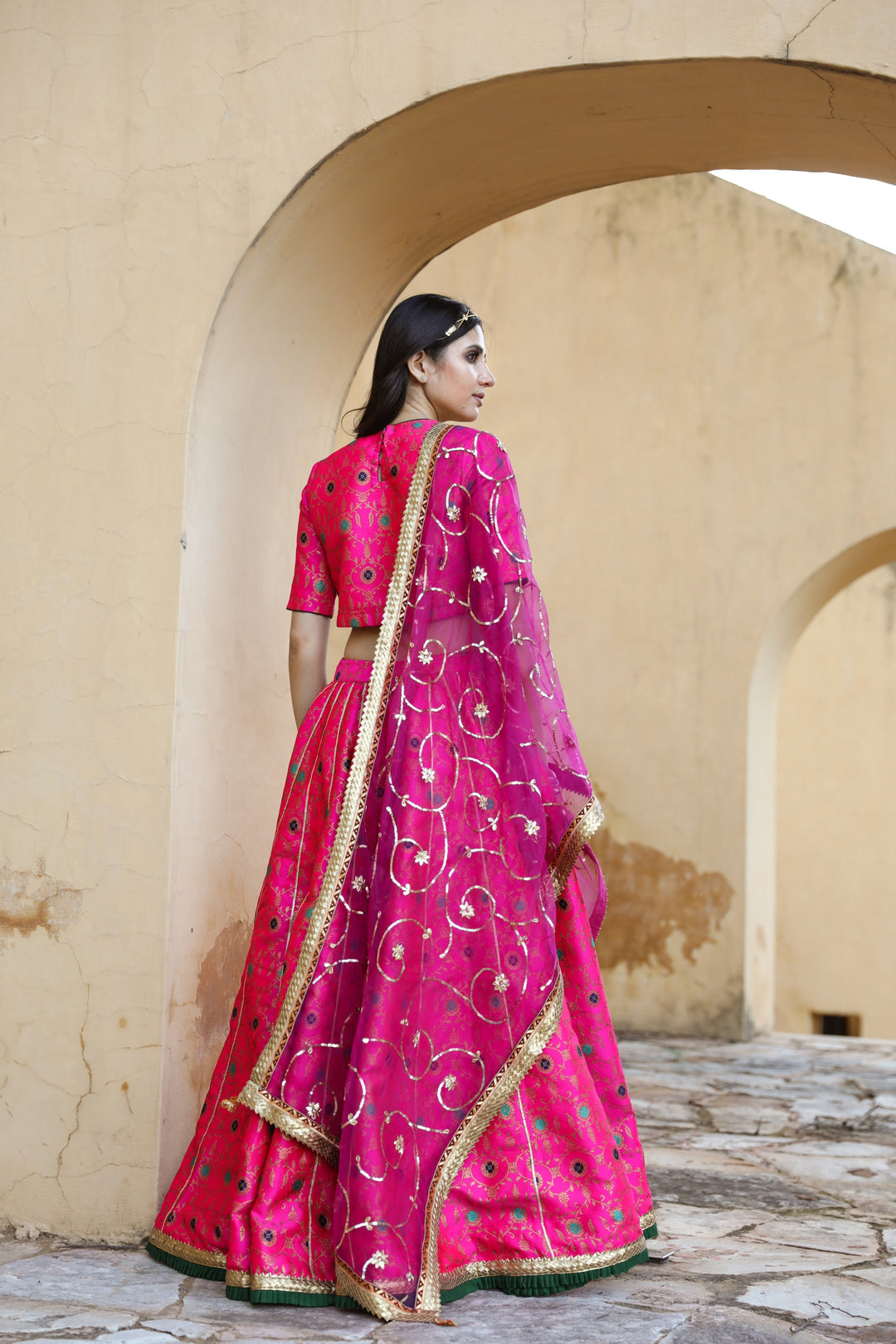 FLORAL BROCADE AISHA PINK LEHENGA SET WITH ORGANZA DUPATTA