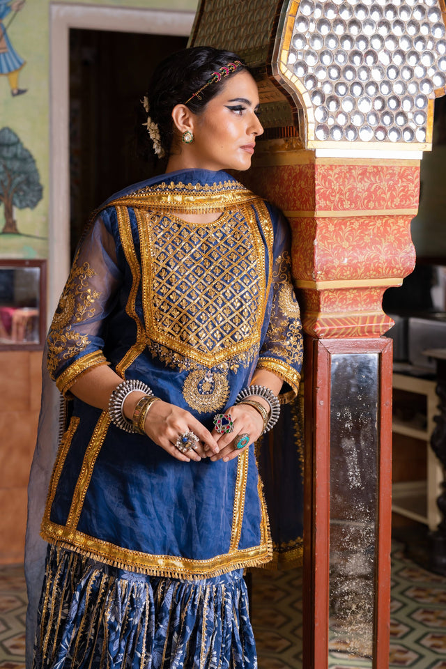 Gota And Zari Asmaan Blue Cotton Sharara Set With Organza Dupatta