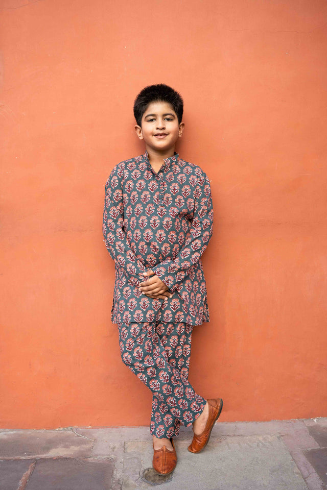 Chiku Green Block Print Cotton Kurta Pant Set