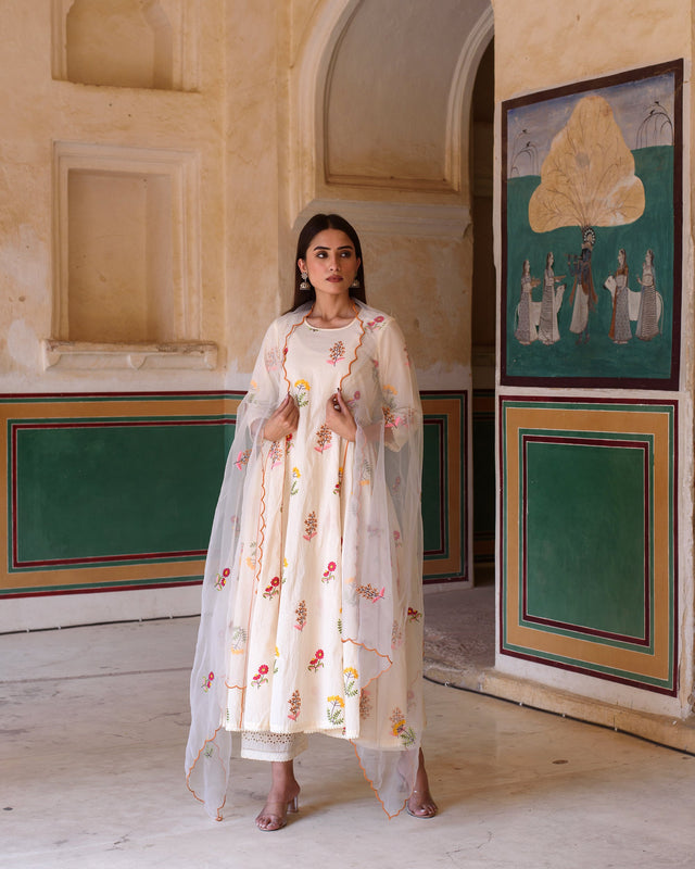 Deepika Cotton Anarkali Set With Chikan Pant And Organza Dupatta